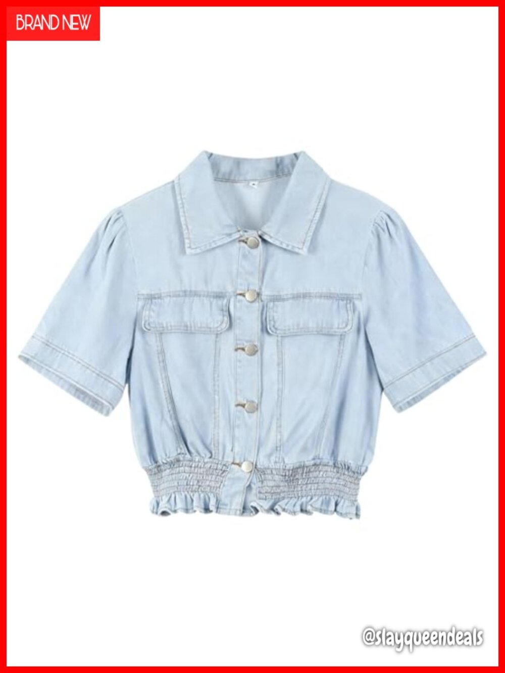 Women's Denim Button Down Peplum Crop Top, Smocked Waist